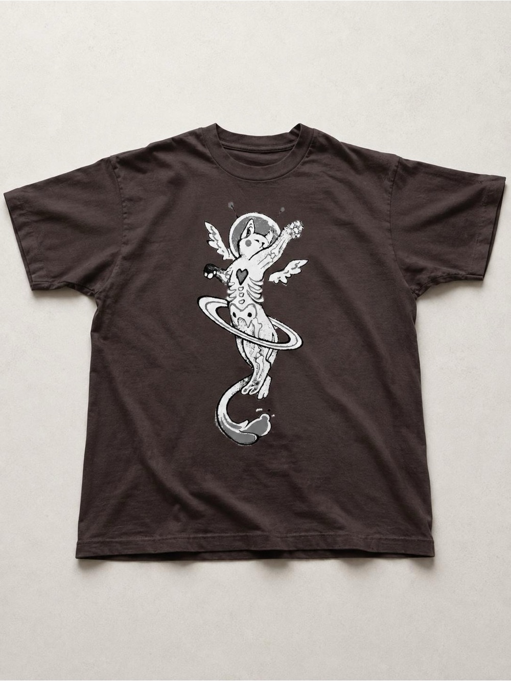 Gildan Dark Brown Short Sleeve Tee with White Astral Cat Graphic